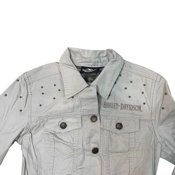 Vintage Harley Davidson Women’s Studded Cropped Button Down Tan Denim Jacket - Picture 2 of 5